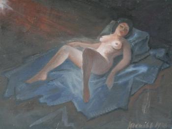A woman in a dimly lit room