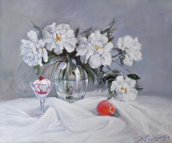 Still life with peonies and ice cream