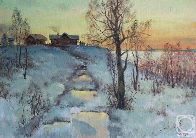 Kremer Mark. Winter morning in village on lake