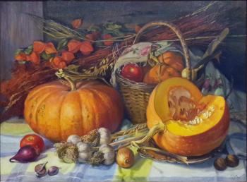 Still life with dry herbs and pumpkins. Shumakova Elena