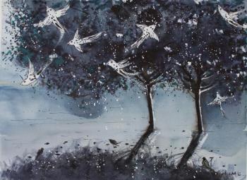 Trees and white birds