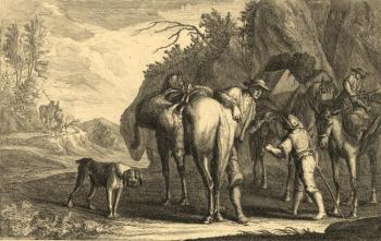 Hunters with horses and their prey. Kolotikhin Mikhail