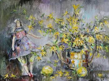 Still life with forsythia and Anechka doll