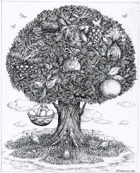 Simonova Lybov. A tree full of birds and fruits