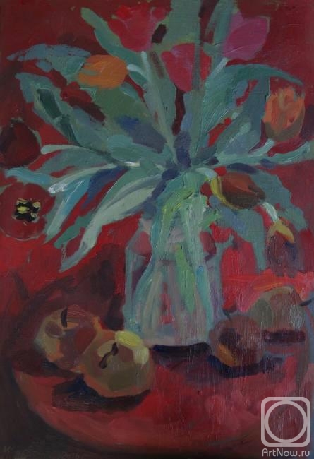 Sirotina Marina. Tulips on the red