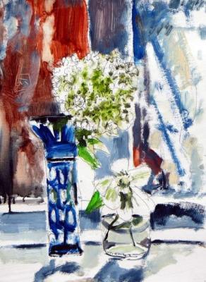 Flowers of white hydrangea and white clematis on the window. 2016. Makeev Sergey