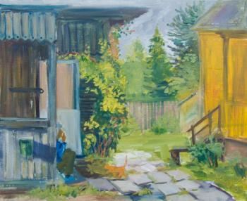 Hostess and cat in the country. Chernov Alexey