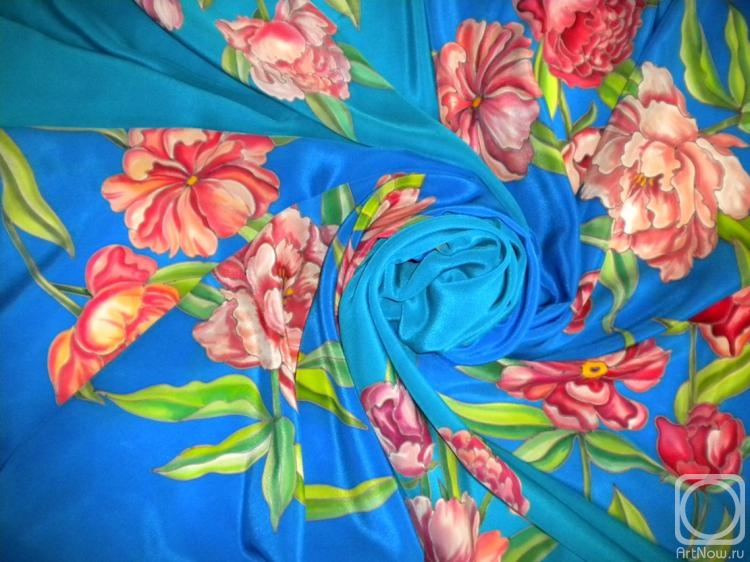 Moskvina Tatiana. Neck batik-scarves "Peonies on blue"