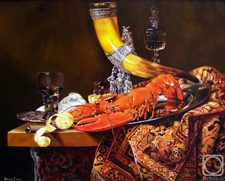 Kabatova Nadya. Still life with the horn of the guild of shooters of St. Sebastian, lobster and glasses