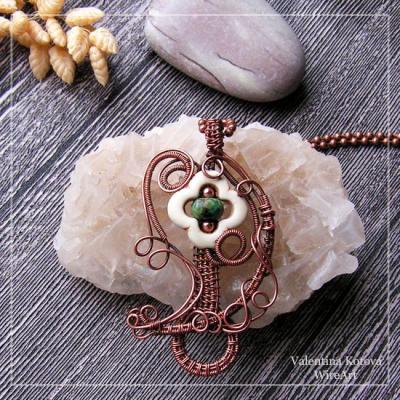 Copper pendant with African and white turquoise beads