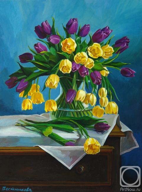 Vestnikova Ekaterina. Tulips on a blue background