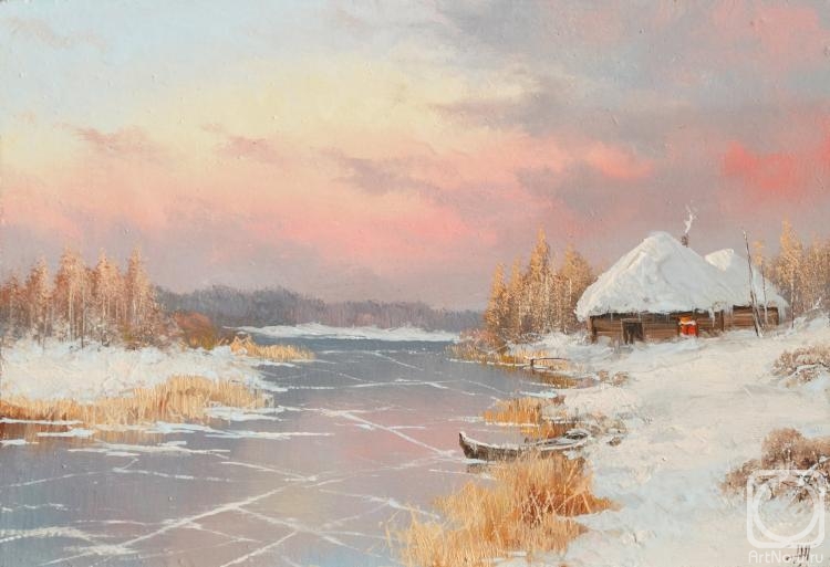 Lyamin Nikolay. Winter river, boat (etude)