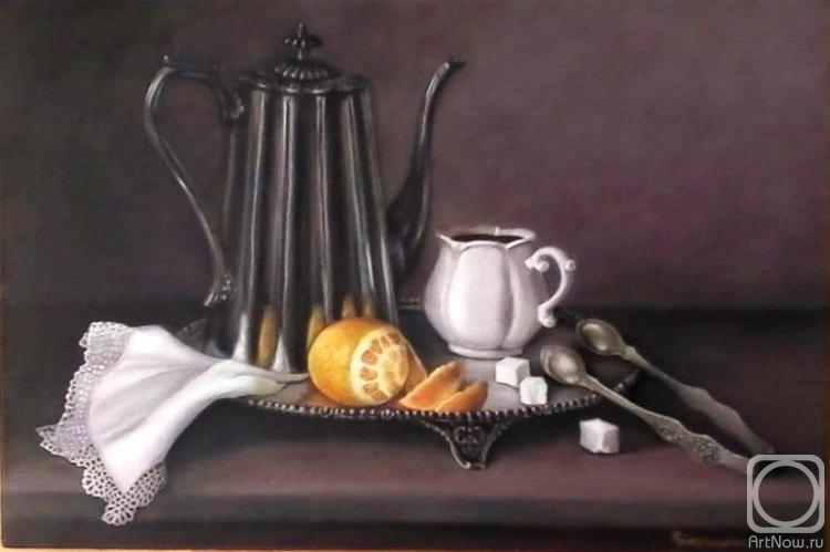 Bobrisheva Julia. Still life with coffee pot, white cup and lemon