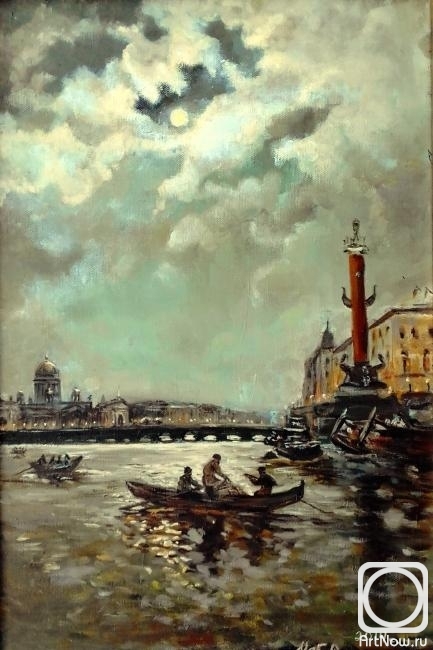 Nebylova Olga. View of the Neva and the Admiralty Embankment on a moonlit night (a free copy of A. K. Beggrov)