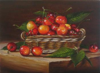 Still life of cherries in a basket