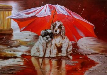 Dogs under the umbrella