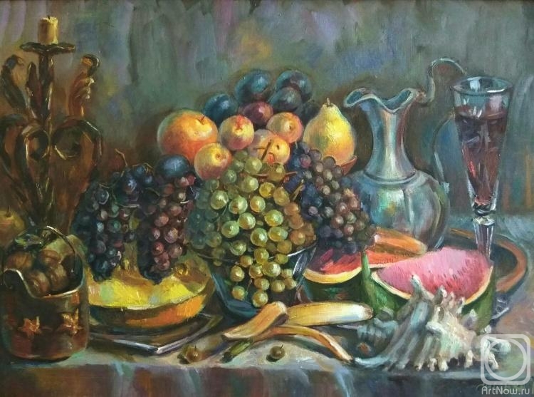 Silaeva Nina. Still life with fruit and a glass of wine