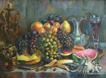 Silaeva Nina . Still life with fruit and a glass of wine