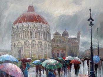 In the rain to the Leaning Tower of Pisa