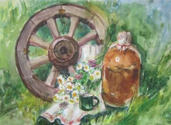 Still life with wooden wheel and kvass