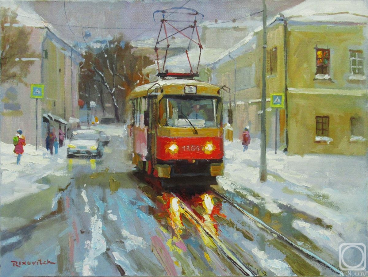Volkov Sergey. A red tram in the thaw on Pokrovsky Boulevard