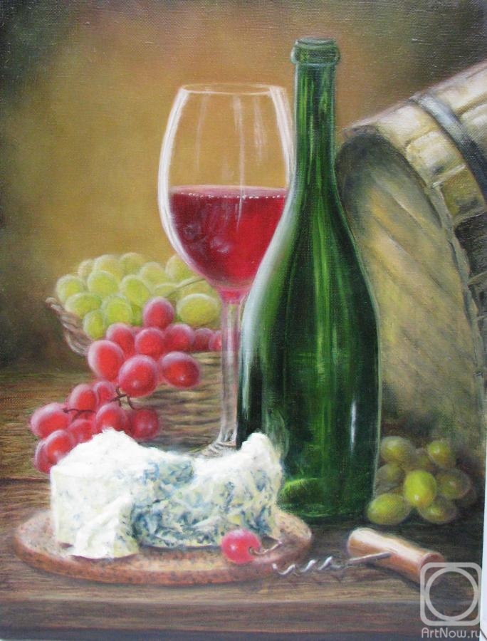 Fomina Lyudmila. Still life with wine, cheese and grapes