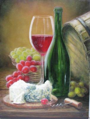 Still life with wine, cheese and grapes. Fomina Lyudmila