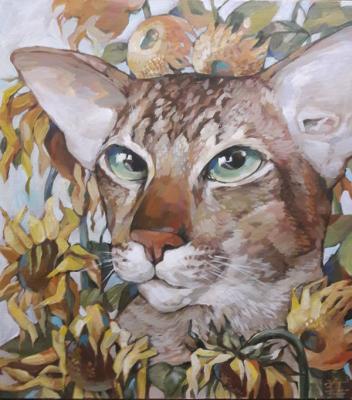 The cat in the sunflowers