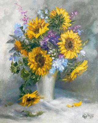 Bouquet of sunflowers in a white vase. Sukhova Natalya