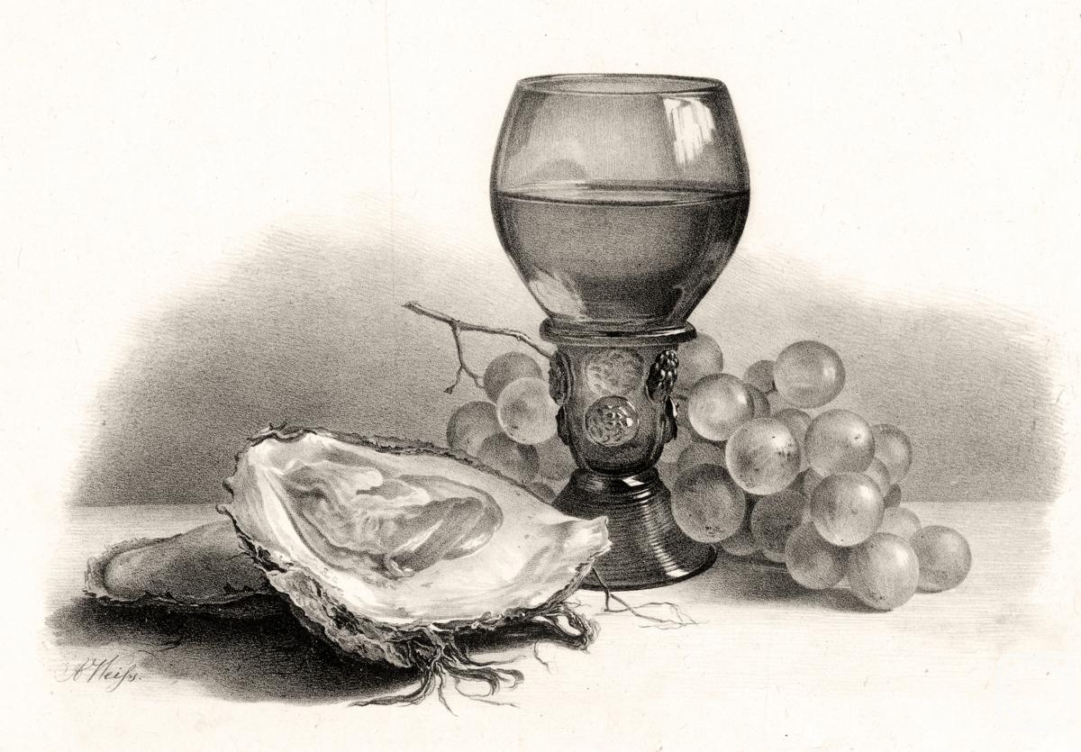 Kolotikhin Mikhail. Still life with glass goblet, oysters and grapes