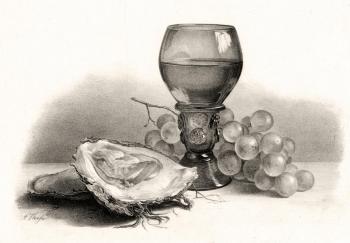 Still life with glass goblet, oysters and grapes