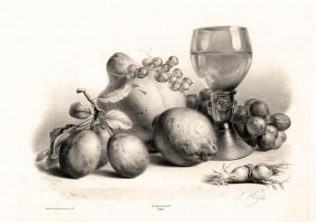 Still life with glass goblet, plums, lemon, grapes and hazelnuts