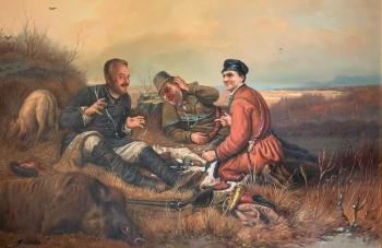 Free copy of V. G. Perov's painting. Hunters at Rest. Kamskij Savelij