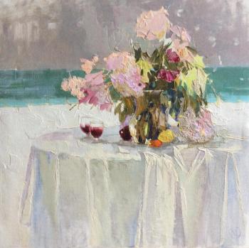 Painting Bouquet on the background of the sea. Komarova Elena