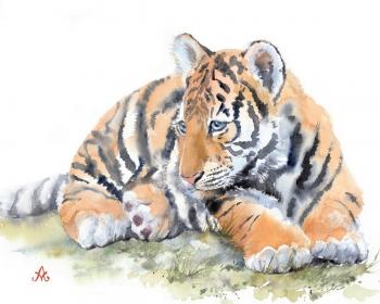 Tiger cub lying on the grass. Masterkova Alyona
