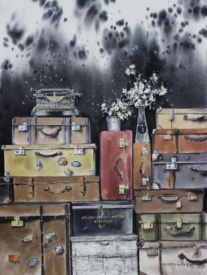 White flowers and suitcases