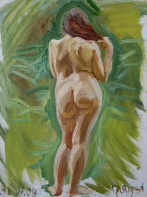 Nude from the back, plein air (Bather)