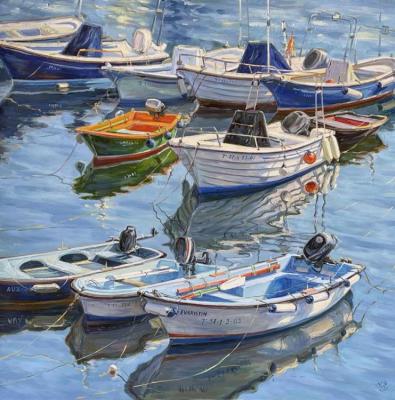 Blue and White boats in the morning (from the series "Spanish boats and ships")