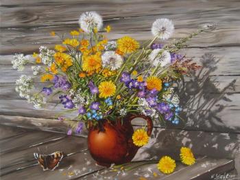 Summer day. Rustic still life with wildflowers