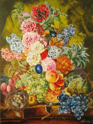 Traditional painting oil on canvas, Large fruit and flowers painting, Dutch still life wall painting, Extra large floral painting wall art