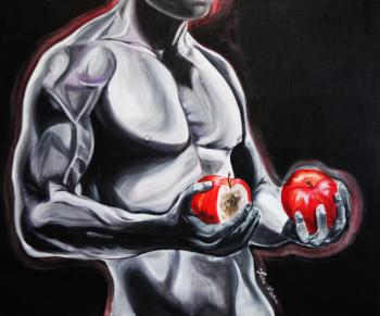 The courageous man who saved the lives of 5000 people. Figurative painting. Sexy Man oil on canvas. Black and white painting with red apples. Kirillova Juliette