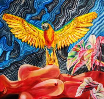 Sultry summer. Naked beautiful woman and a parrot Macaw on the background of nature.Female breast figurative oil painting. Kirillova Juliette