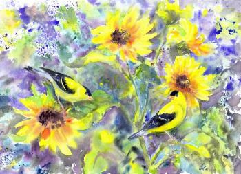 Goldfinches in sunflowers. Masterkova Alyona
