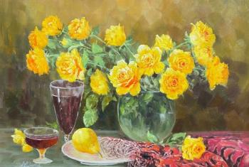 Still life with yellow roses, pear and wine. Vlodarchik Andjei