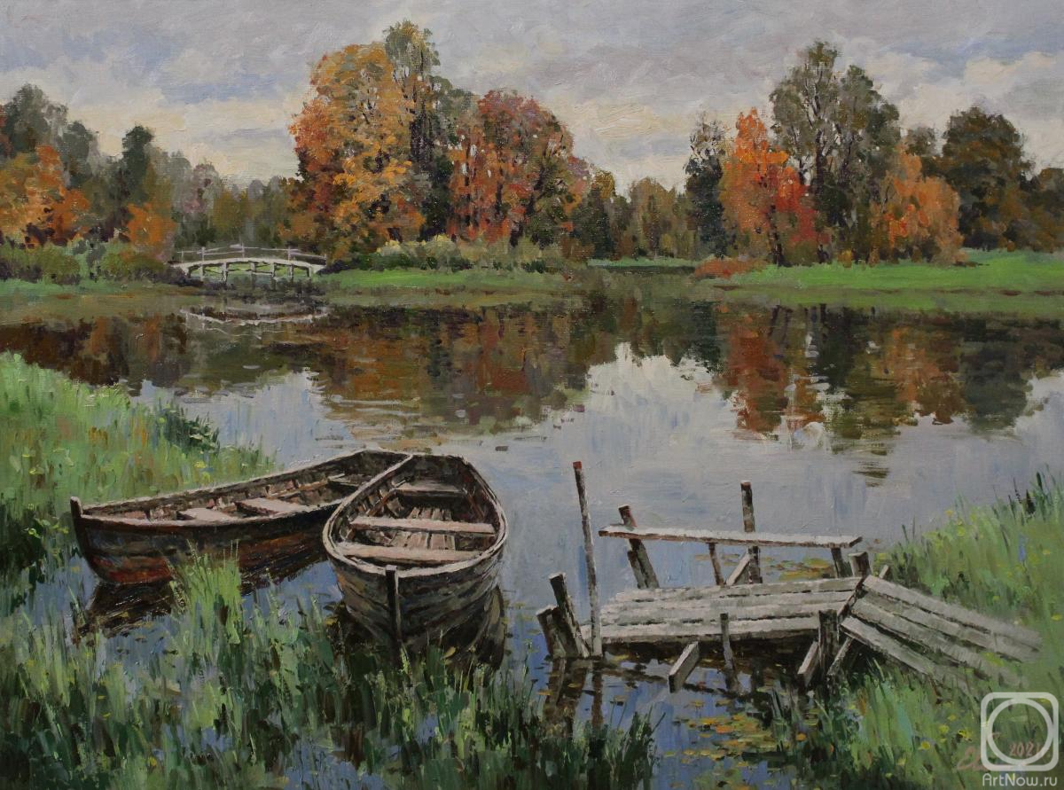 Malykh Evgeny. Autumn landscape with the boats and old bridge
