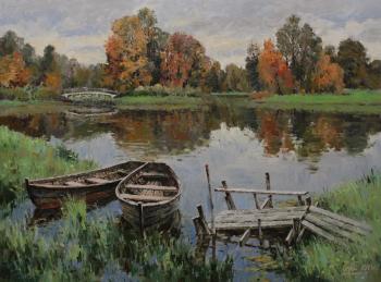 Painting Autumn landscape with the boats and old bridge. Malykh Evgeny