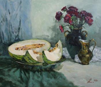 Still life with the flowers and melon. Malykh Evgeny