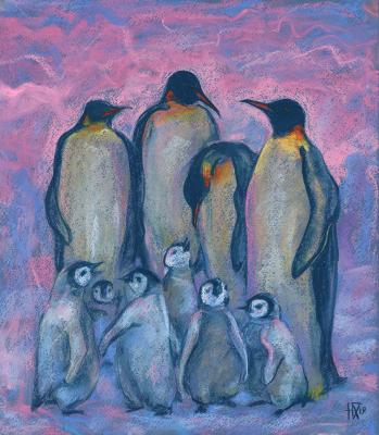 Emperor Penguins with Baby Chicks, Antarctic Winter, Pink and Blue. Horoshih Yuliya
