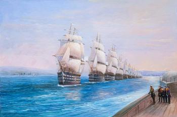 Copy of the painting by Ivan Aivazovsky. Review of the Black Sea Fleet in 1849