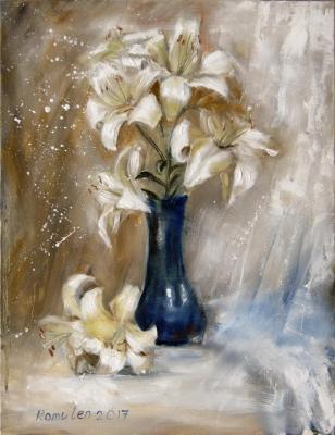 "White flowers in a blue vase"